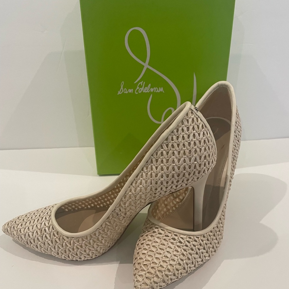 Sam Edelman Woven Pointed-Toe Pumps in Light Beige - Picture 4 of 12